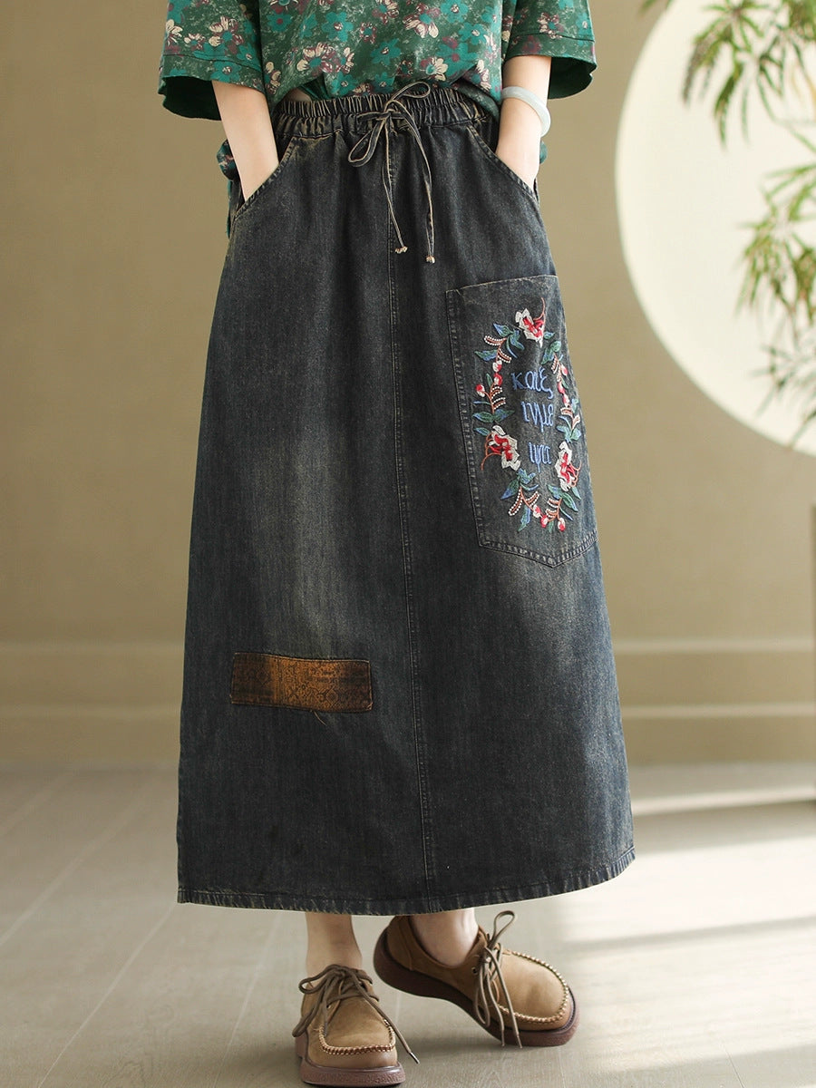 Women Artsy Flower Embroidery Denim Skirt PA1009 Ada Fashion