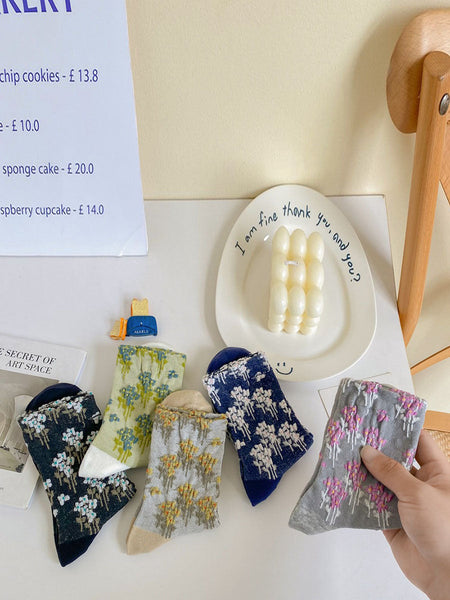 5 Pairs Women Autumn Floral Jacquard Colorblock Socks AV1025 Genistyle Shop