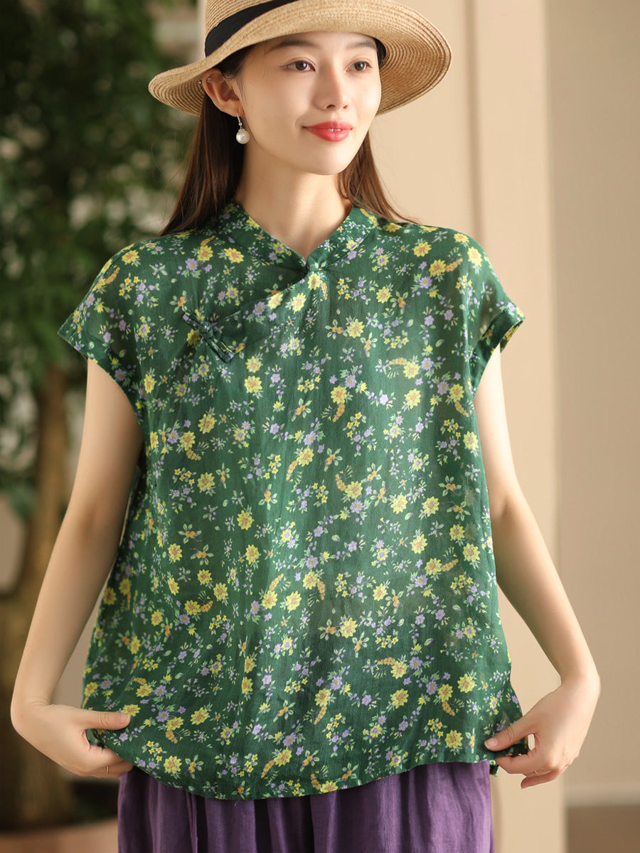 Women Summer Vintage Floral Stand Collar Ramie Shirt FD045 BUYKUD