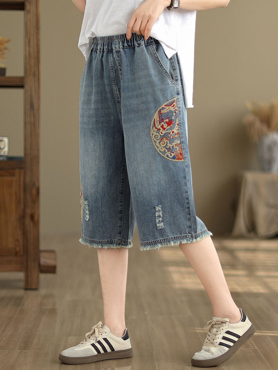 Women Summer Embroidery Knee-Length Denim Pants IO1023 Ada Fashion