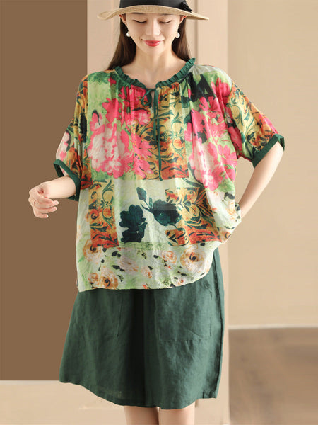 Women Summer Artsy Print Strap Loose Linen Shirt HH046 JLFZ