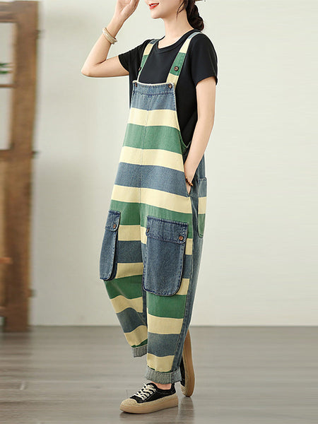 Summer Colorblock Women Loose Denim Stripe Jumpsuits FashionChic