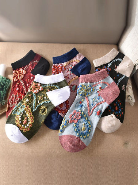 5 Pairs Women Summer Flower Jacquard Short Socks CO1040 Ada Fashion