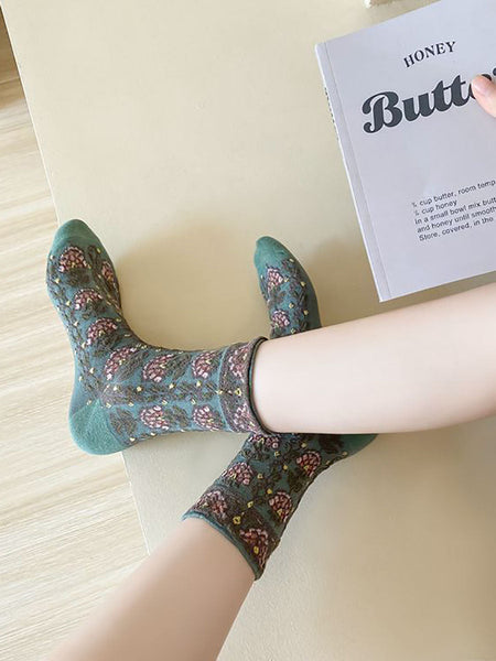 5 Pairs Women Artsy Flower Jacquard Socks AX1028 Genistyle Shop