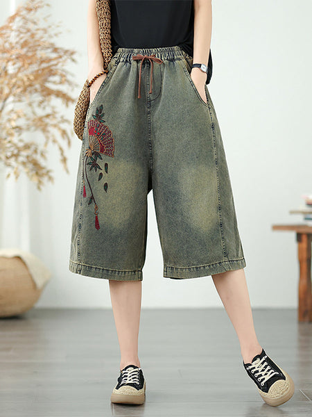 Straight Embroidery Women Denim Fifth Pants Flower Retro FashionChic