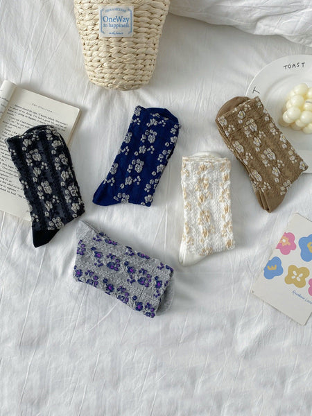 5 Pairs Women Floral Jacquard Cotton Socks AK1035 Genistyle Shop