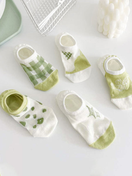 5 Pairs Women Summer Green Thin Short Socks II1030 BUYKUD