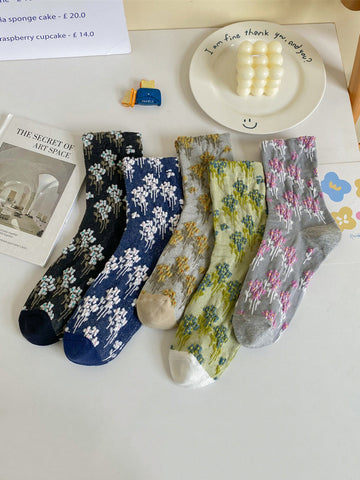 5 Pairs Women Vintage Floral Colorblock Cotton Socks AH1025 ZJHK
