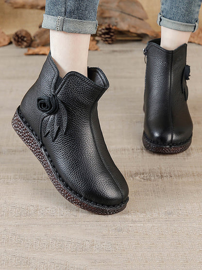 Women Vintage Genuine Leather Flower Flat Ankle Boots QN013 BC