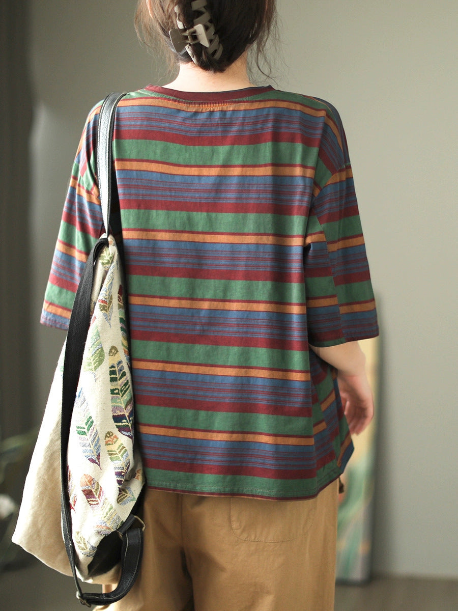 Women Casual Stripe Summer O-Neck Cotton Shirt XX1010 Ada Fashion