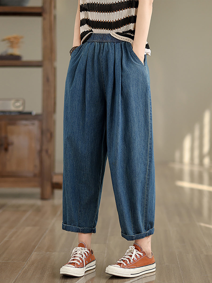 Women Summer Vintage Solid Denim Loose Harem Pants OP1007 BUYKUD