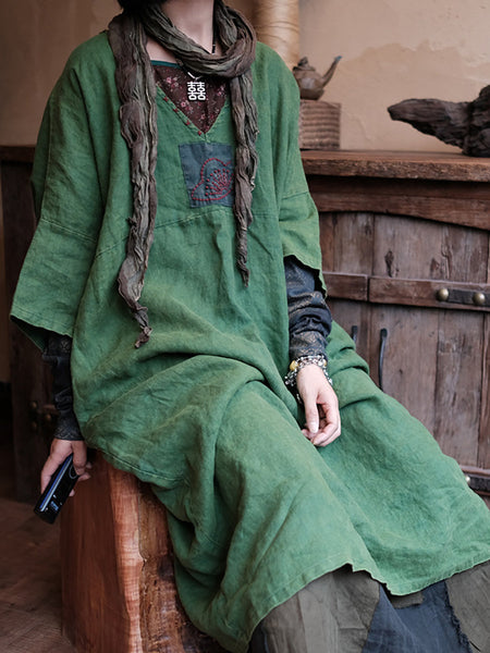 Women Retro Summer Spliced Linen V-Neck Dress AA1033 Ada Fashion