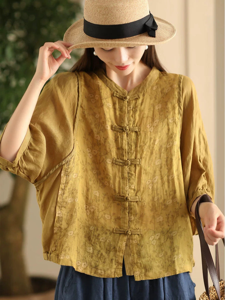 Women Summer Vintage Flower Spliced Button-up Ramie Shirt FD042 ZMMM