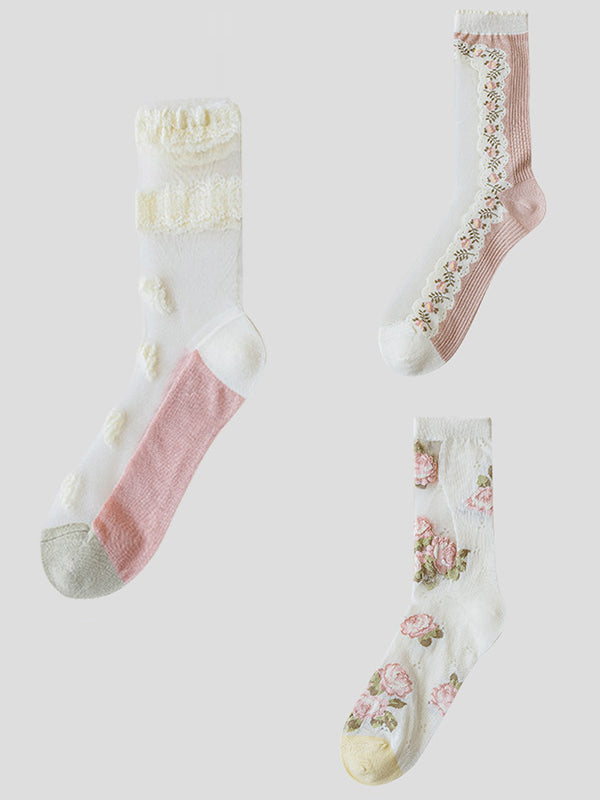 3 Pairs Women Elegant Flower Lace Spliced Thin Socks ZZ1010 Ada Fashion