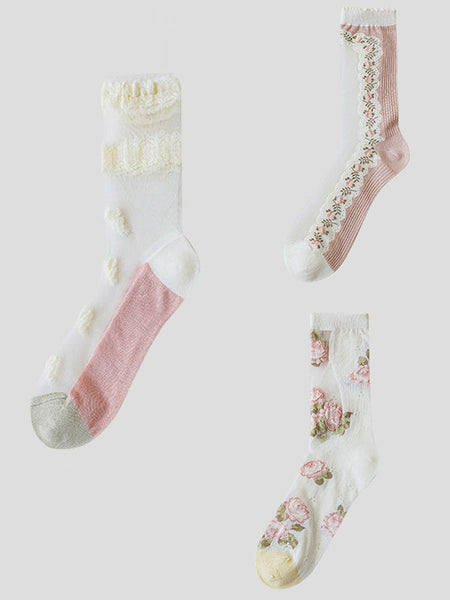 3 Pairs Women Elegant Flower Lace Spliced Thin Socks ZZ1010 Ada Fashion