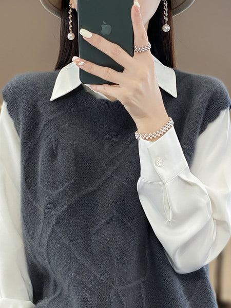 Women Casual Wool O-Neck Crochet Knit Vest AV1059 Genistyle Shop