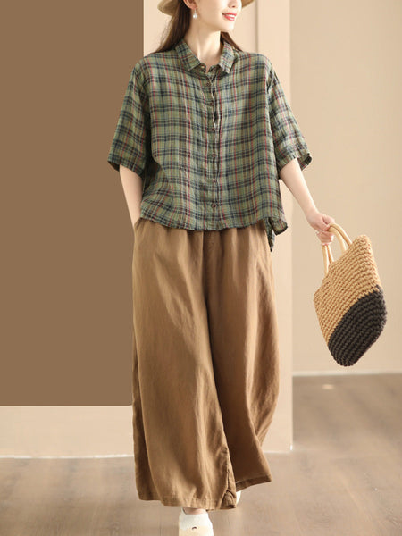Women Artsy Plaid Summer Button-up Linen Shirt KL1012 Ada Fashion