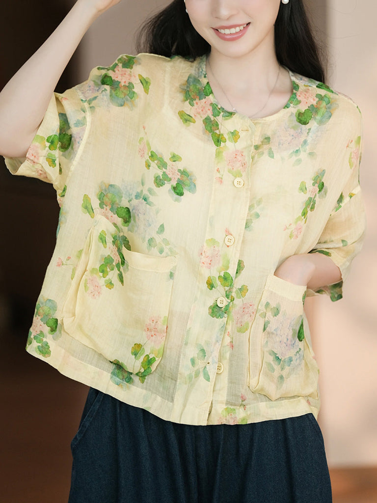 Women Summer Artsy Flower Button-up Pocket Ramie Shirt CC047 LPP