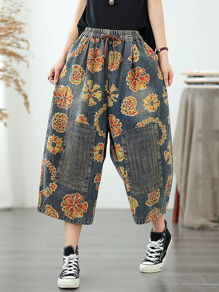 Women Straight Pants Retro Capri Flower Denim FashionChic