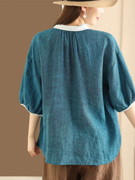 Women Summer Artsy Colorblock Button-up Linen Shirt XX1009 Ada Fashion