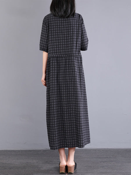 Plus Size Women Artsy Plaid Cotton Linen Dress KL1021 Ada Fashion