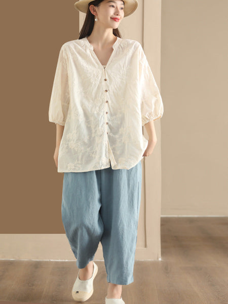 Women Summer Artsy Flower Jacquard Thin Button Cotton Shirt CX037 JLFZ