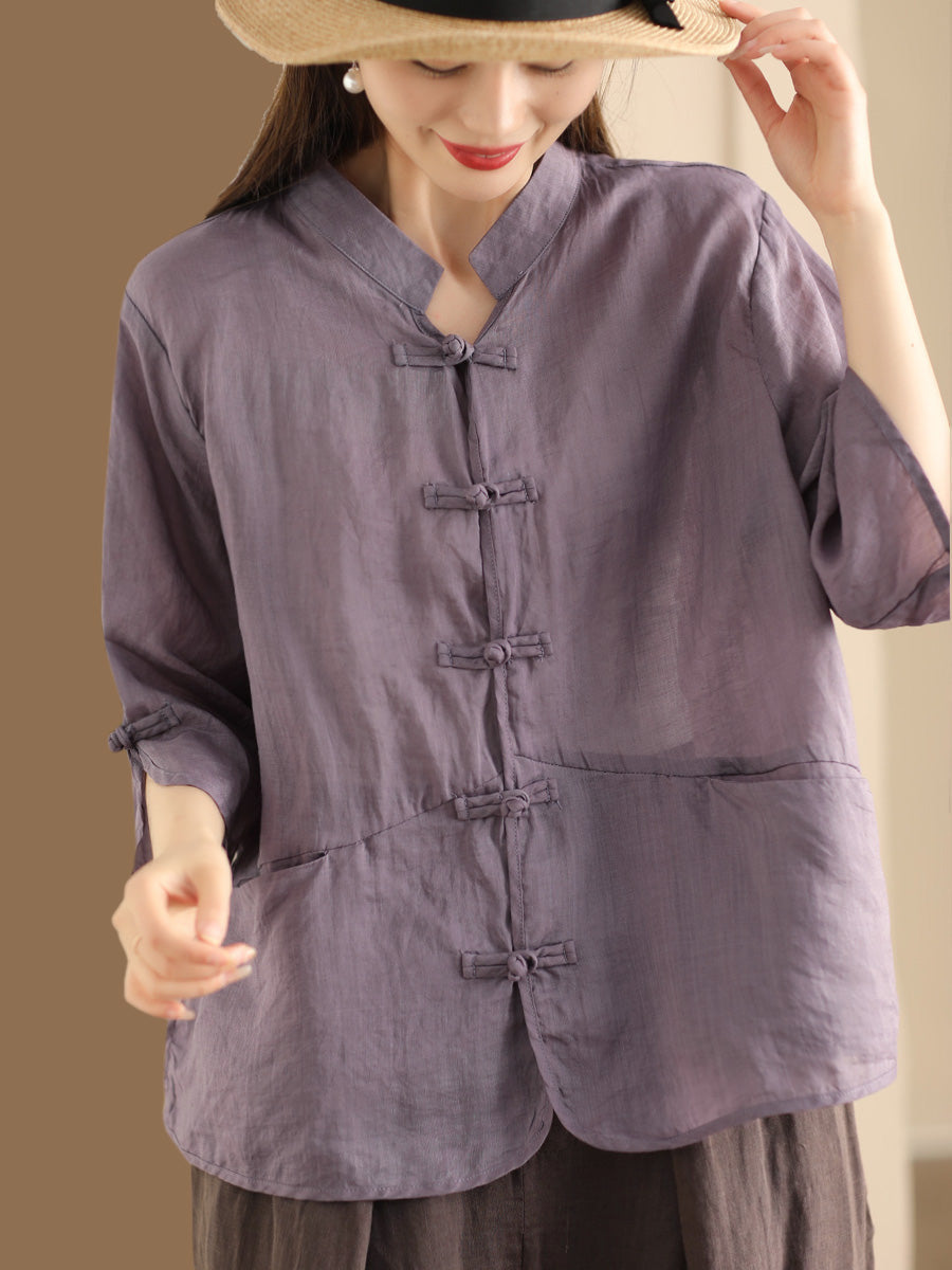 Women Summer Ethnic Solid Button-up Ramie Shirt QW1046 Ada Fashion