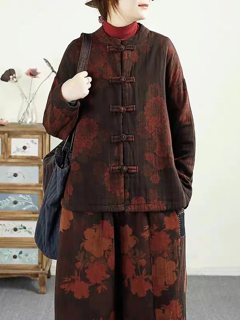 Women Ethnic Autumn Flower Buckle Cotton Stand Collar Coat BA1046 Genistyle Shop