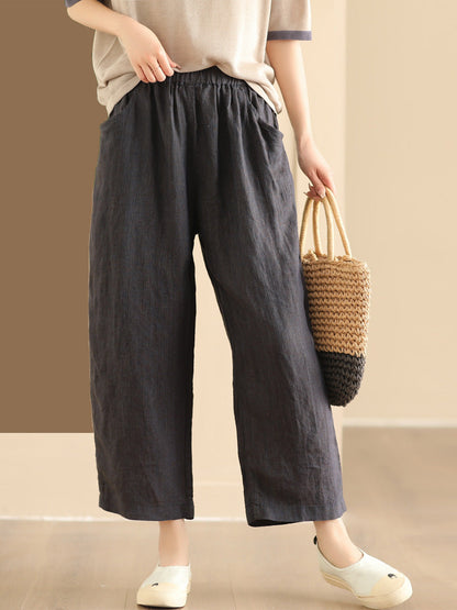 Women Summer Vintage Solid Linen Wide-leg Pants AA1017 Ada Fashion