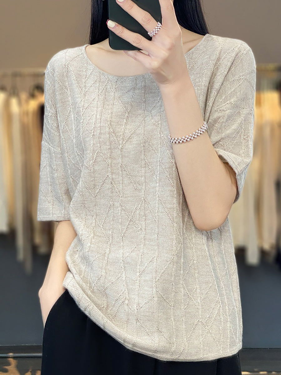 Women Summer Solid Jacquard Loose Half-Sleeve Shirt WE1033 Ada Fashion