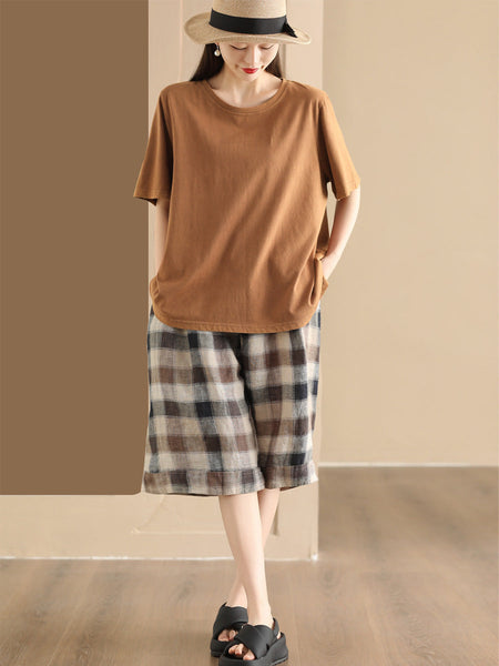 Women Summer Casual Plaid Linen Wide-leg Pants PP1028 BUYKUD
