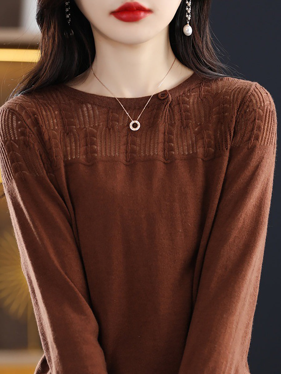 Women Autumn Solid Knit 100%Wool O-Neck Sweater QM019 BK