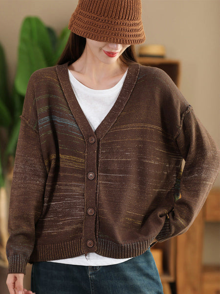 Women Autumn Artsy Colorful Knit V-Neck Cardigan Sweater AI1077 BUYKUD