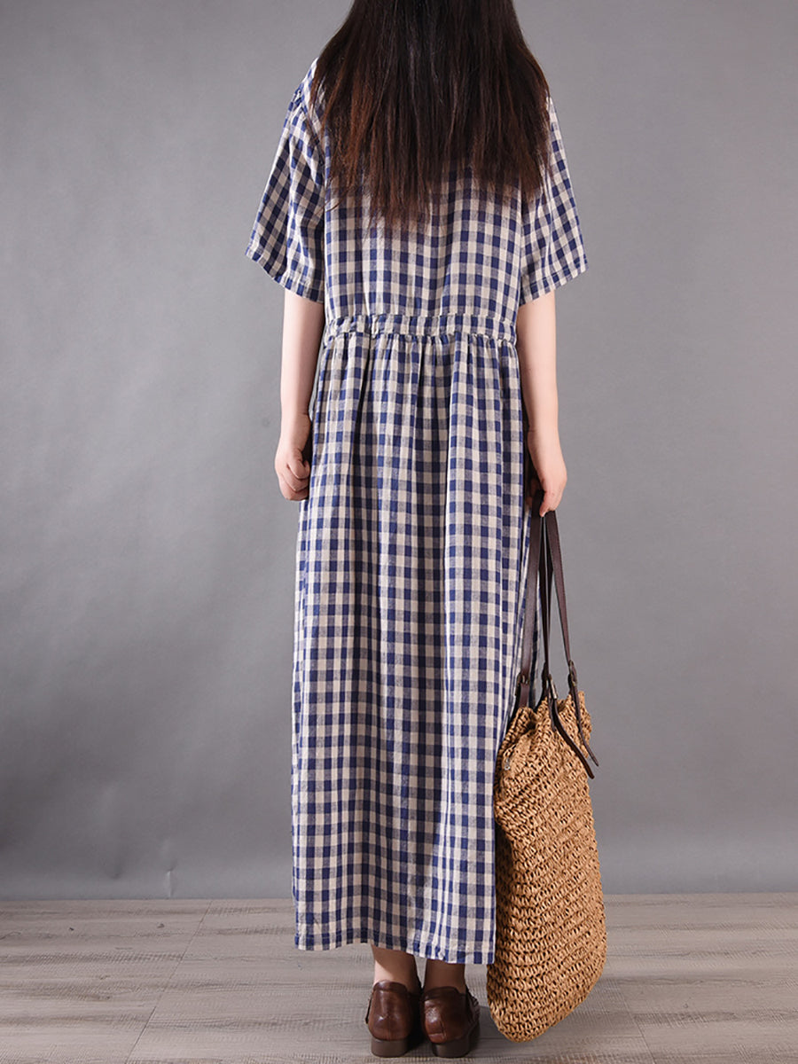 Women Summer Vintage Plaid Strap Linen Cotton Dress CV1036 Ada Fashion