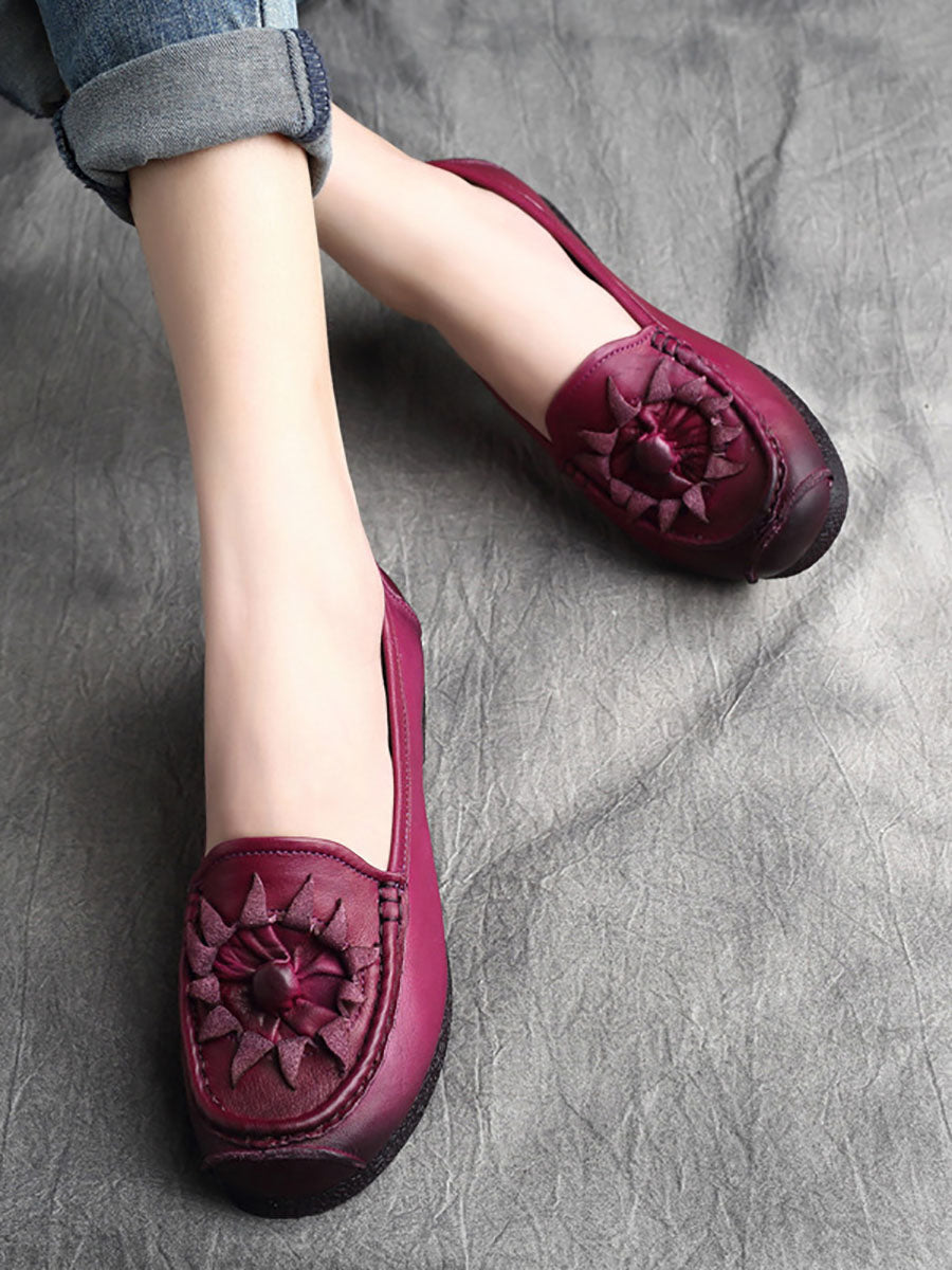 Women Vintage Flower Genuine Leather Low Heel Shoes AS1005 RXMY