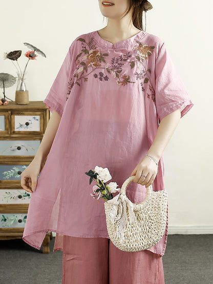 Women Summer Artsy Flower Embroidery Ramie Shirt TY1026 Ada Fashion