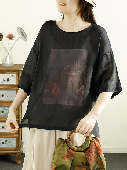 Women Summer Casual Print Loose Ramie Shirt OP1043 OSZF