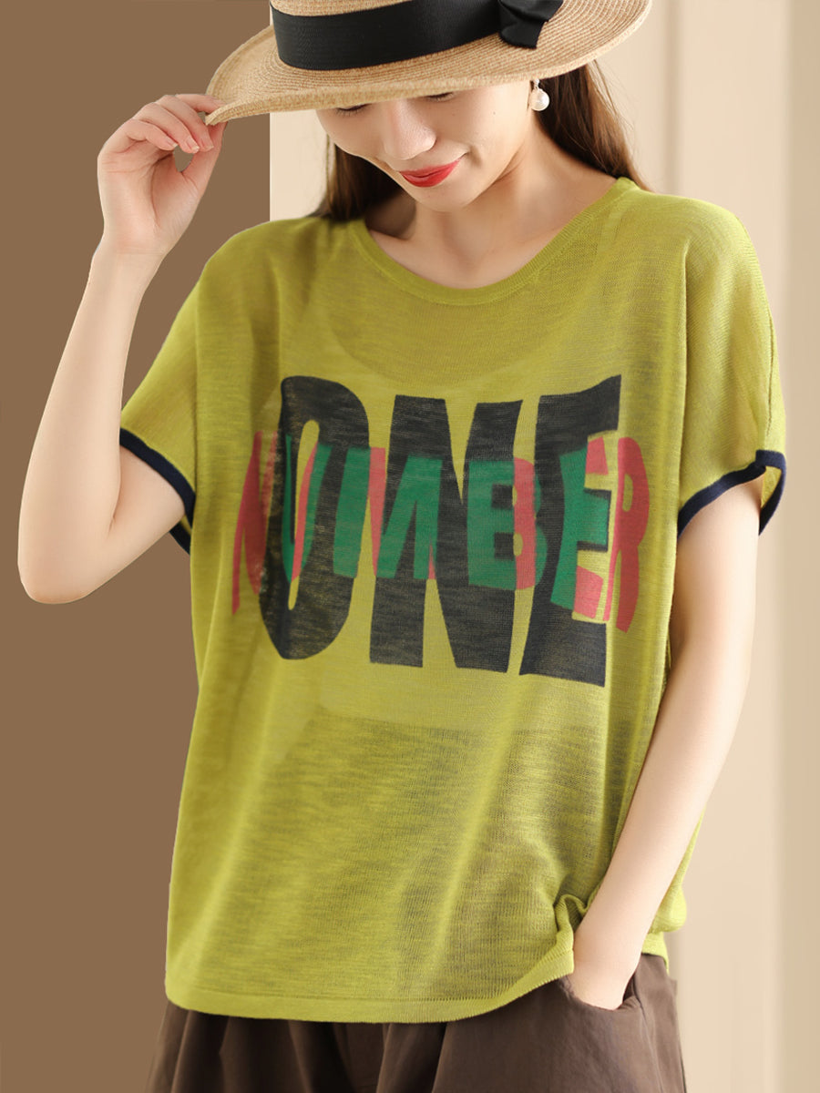 Women Summer Letter Printing Knitted Loose Shirt OP1049 BUYKUD