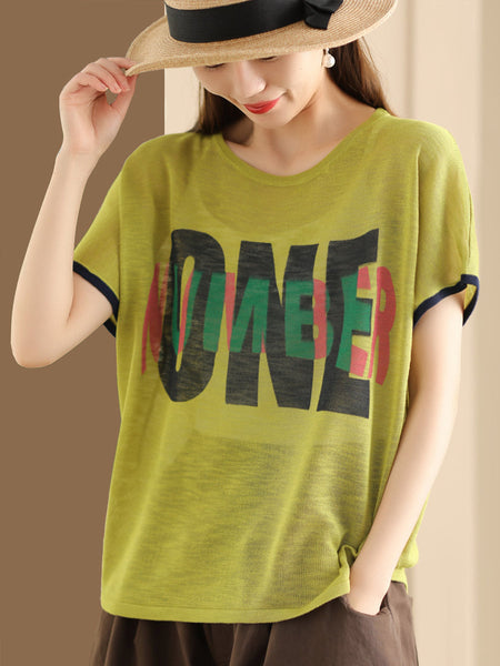 Women Summer Letter Printing Knitted Loose Shirt OP1049 BUYKUD