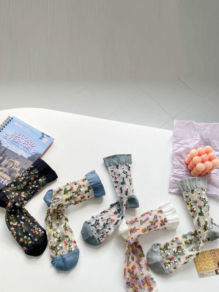 5 Pairs Women Summer Flower Jacquard Thin Socks FG1017 Ada Fashion
