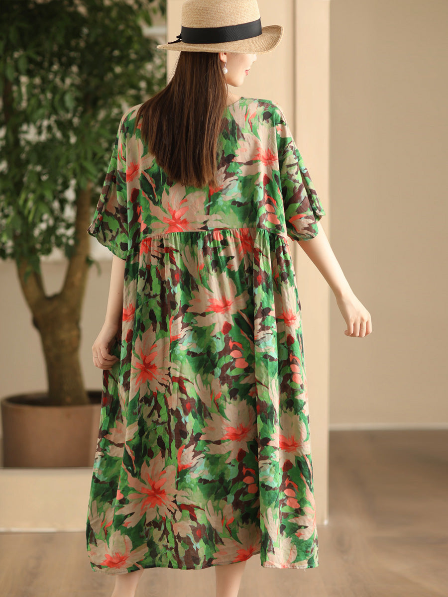 Women Summer Vintage Flower Linen Loose Dress FD043 QJH