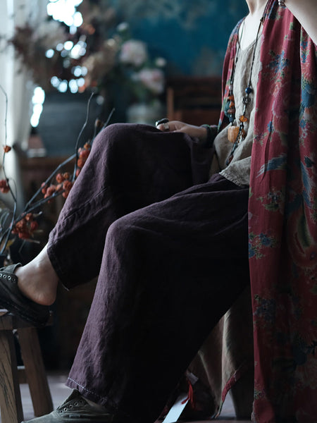 Women Summer Retro Solid Linen Wide-leg Pants XX1054 Ada Fashion