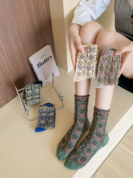 5 Pairs Women Artsy Flower Jacquard Socks AX1028 Genistyle Shop