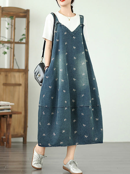 Dress Overall Denim Bowknot Women Summer Embroidery FashionChic