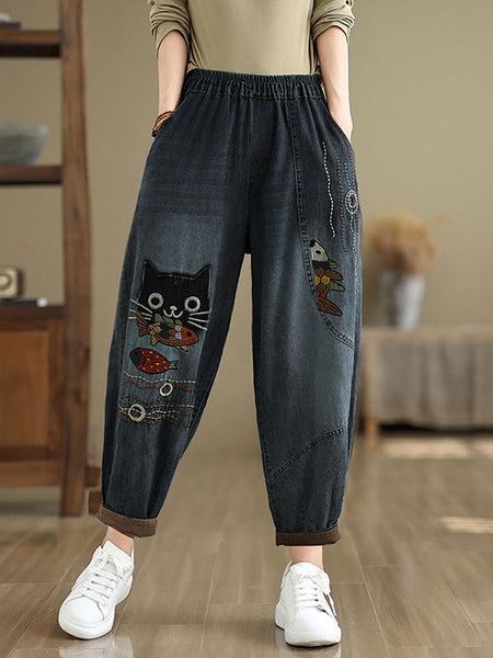 Women Autumn Casual Cat Patch Spliced Denim Harem Pants AV1004 Genistyle Shop
