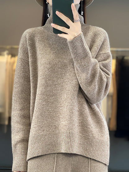 Women Autumn Casual Turtleneck Solid 100%Wool Sweater QU012 BK