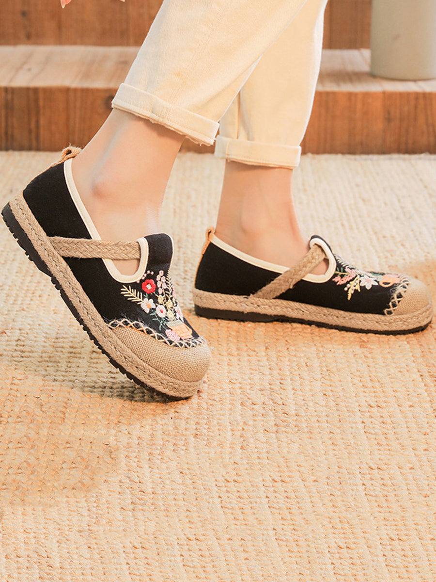 Women Summer Artsy Flower Embroidery Linen Cotton Shoes AT1080 TACH