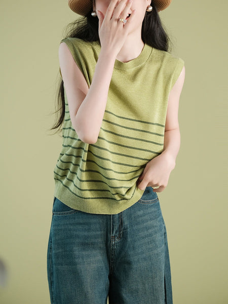Women Summer Casual Stripe Knitted O-Neck Linen Vest CX004 BUYKUD