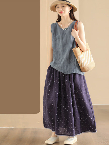 Women Summer Artsy Dot Loose Ramie Skirt PP1047 BUYKUD