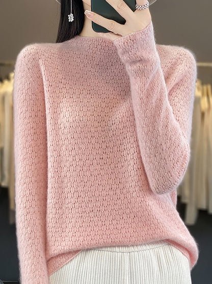 Women Autumn Casual Solid Knit 100%Wool O-Neck Sweater WU010 BK